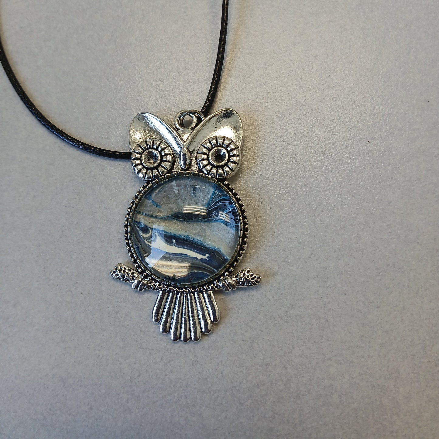 Blue Owl Pendant Necklace – Handcrafted Acrylic Pour Jewelry