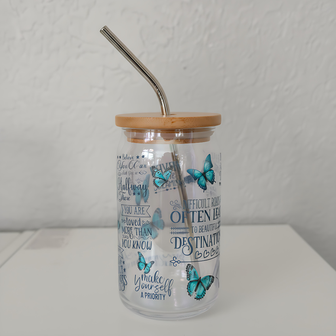 Inspirational Butterfly Wrap 16oz Glass Cup with Bamboo Lid & Straw