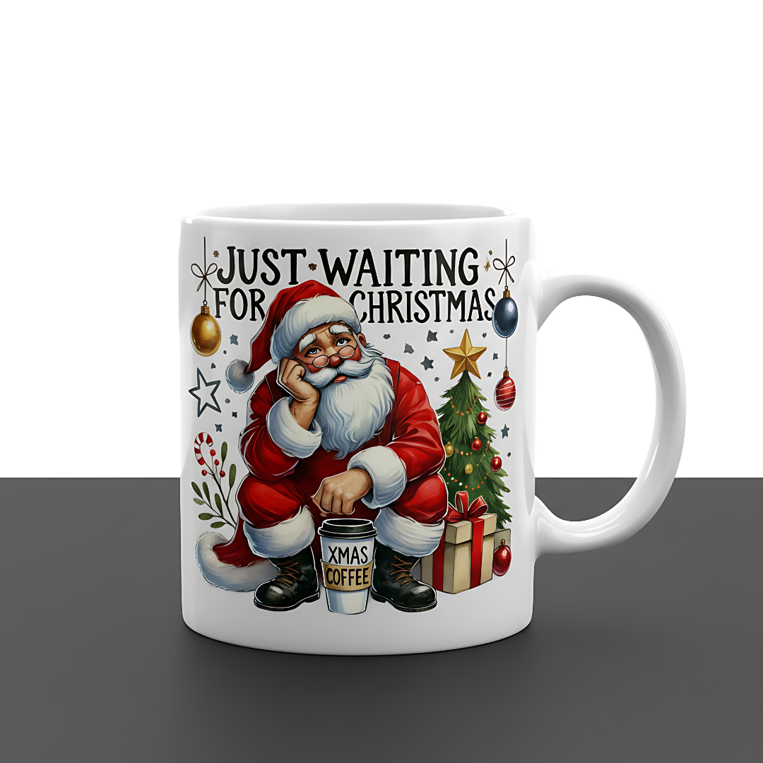Just Waiting for Christmas” Holiday Mug – Santa Coffee Design