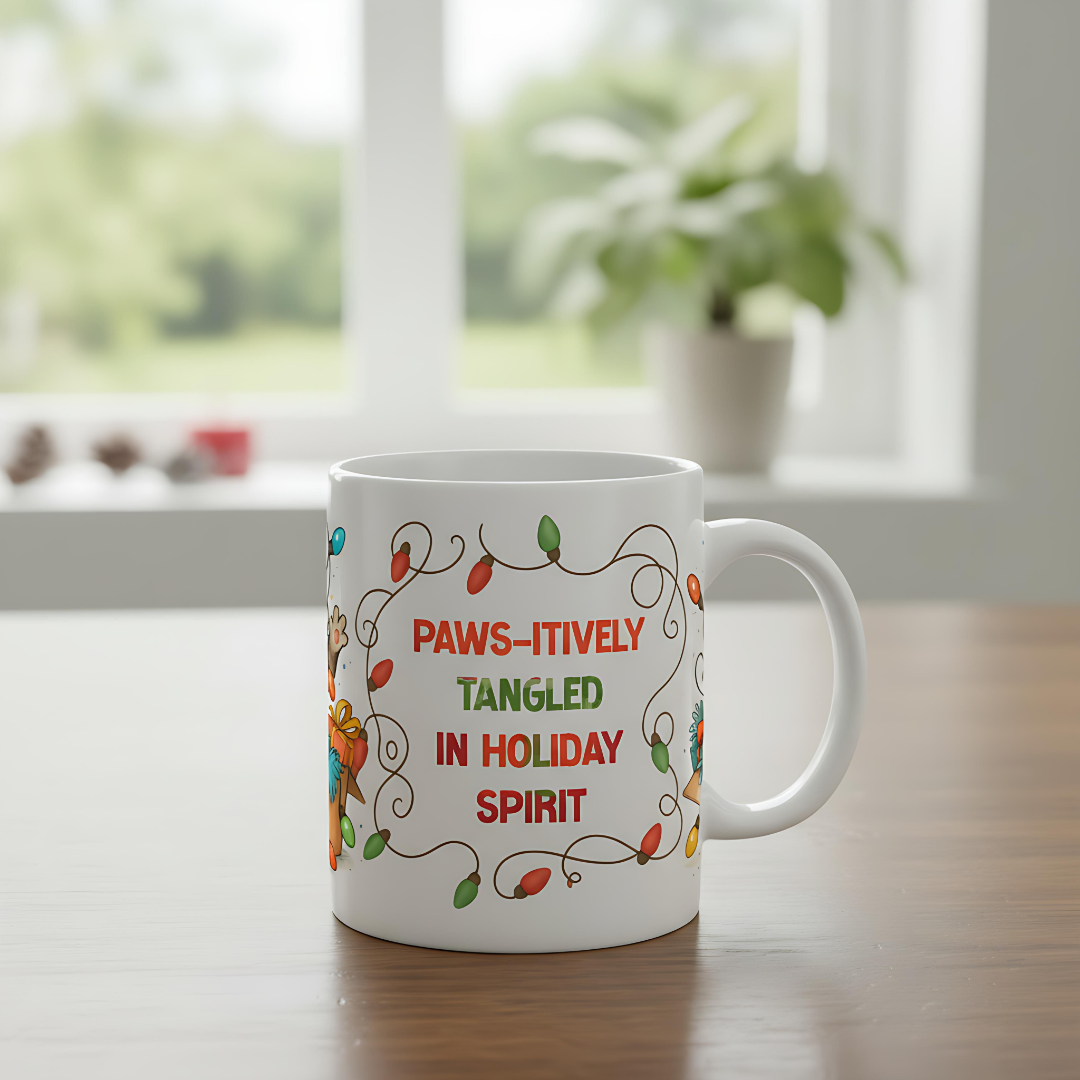Paws-itively Tangled Holiday Cat Mug – 11oz Christmas Cup