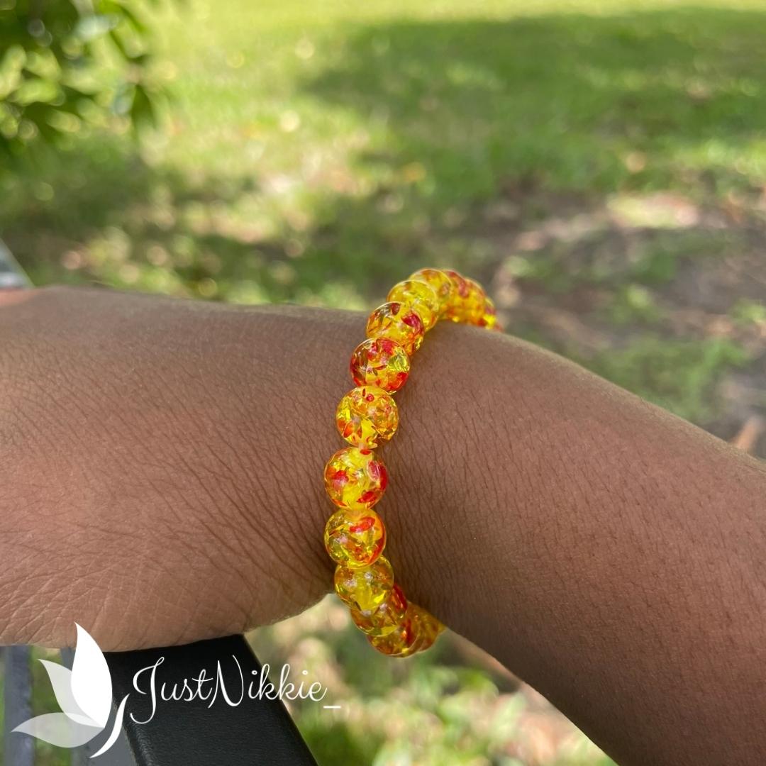 Ring of Fire Bracelet | Amber Red and Yellow Round Resin Beads