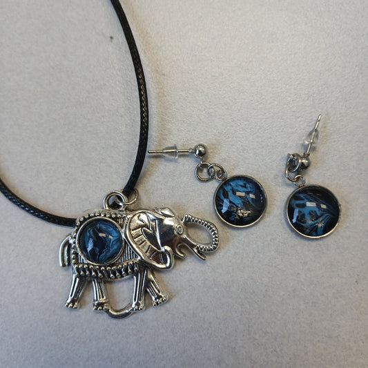 Blue Elephant Pendant & Earrings Set