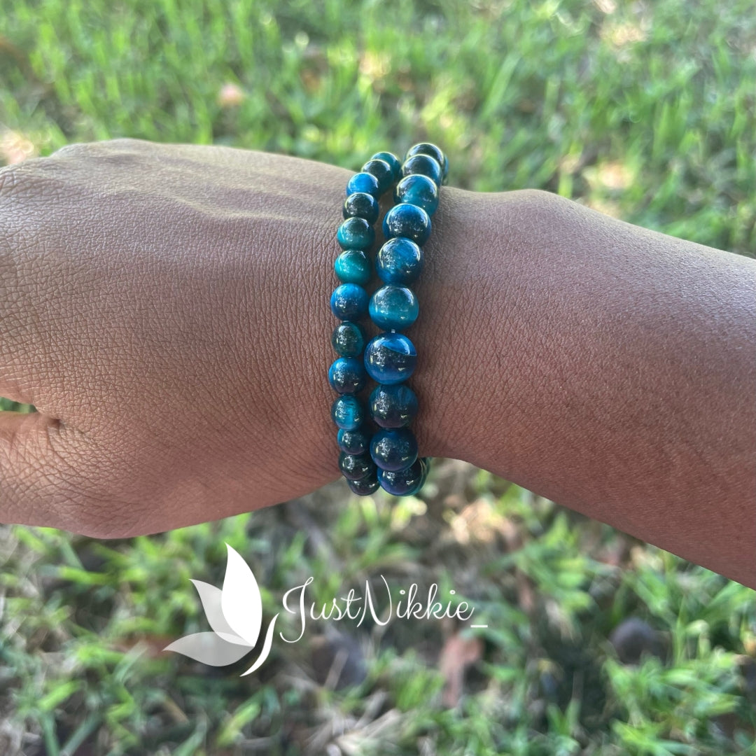 Blue Tiger Eye Gemstone Bracelet | Beaded Stretch Bracelet