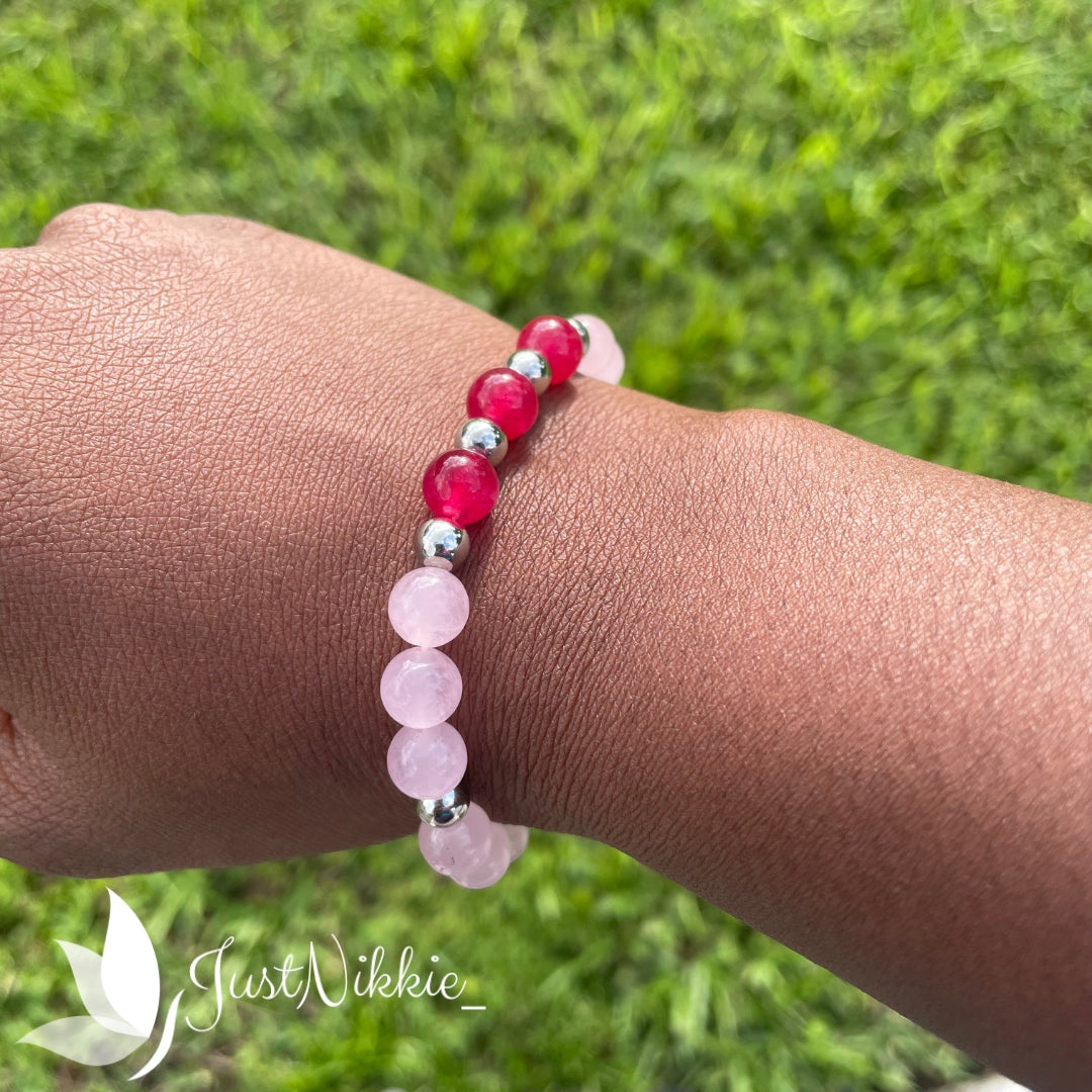 Crimson Rose Bracelet | Pink Rose Quartz and Crimson Beaded Bracelet