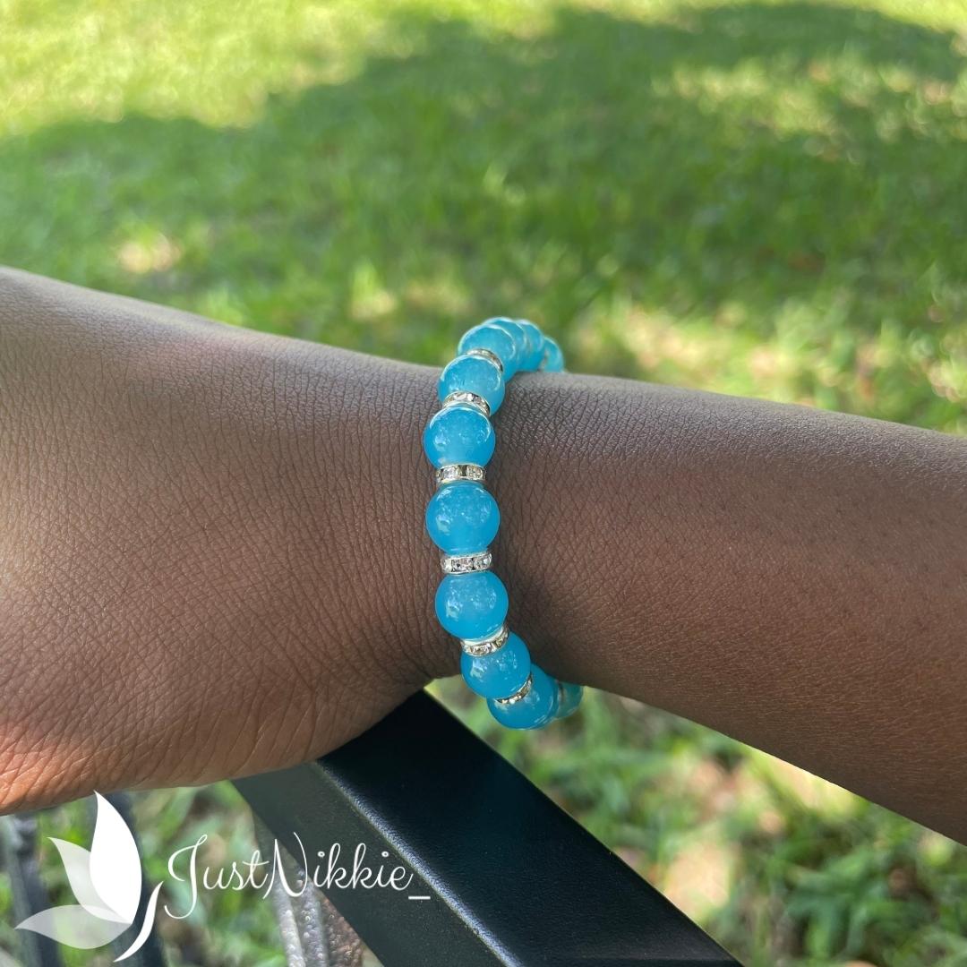 Crystal Sky Bracelet | Blue Jelly Bead Stretch Bracelet with Rhinestone Accents