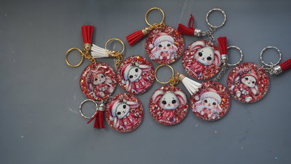 Holiday Bunny Resin Keychains – Christmas Glitter Edition