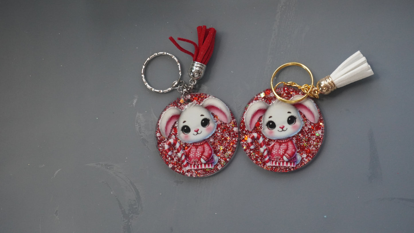 Holiday Bunny Resin Keychains – Christmas Glitter Edition