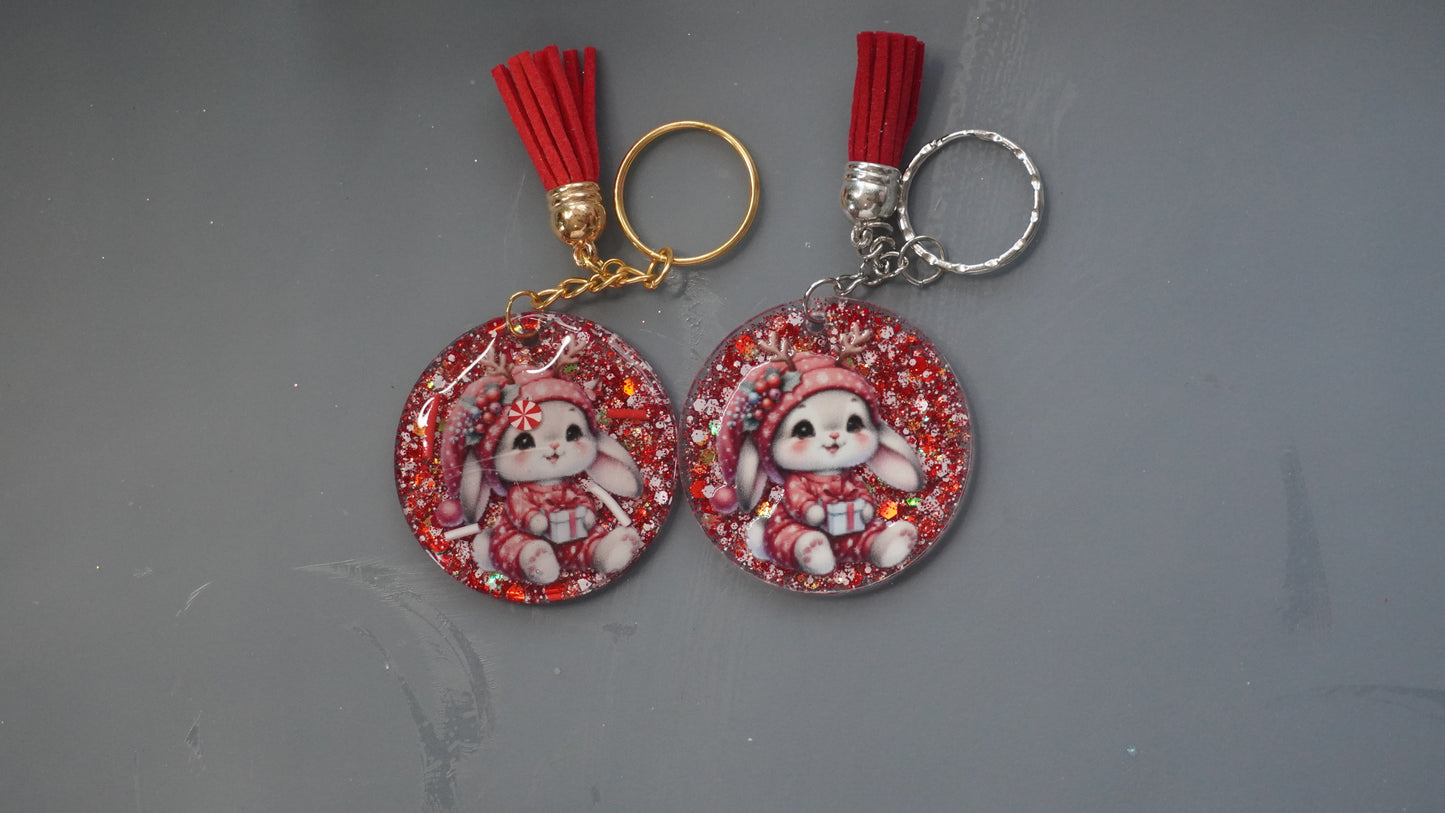 Holiday Bunny Resin Keychains – Christmas Glitter Edition