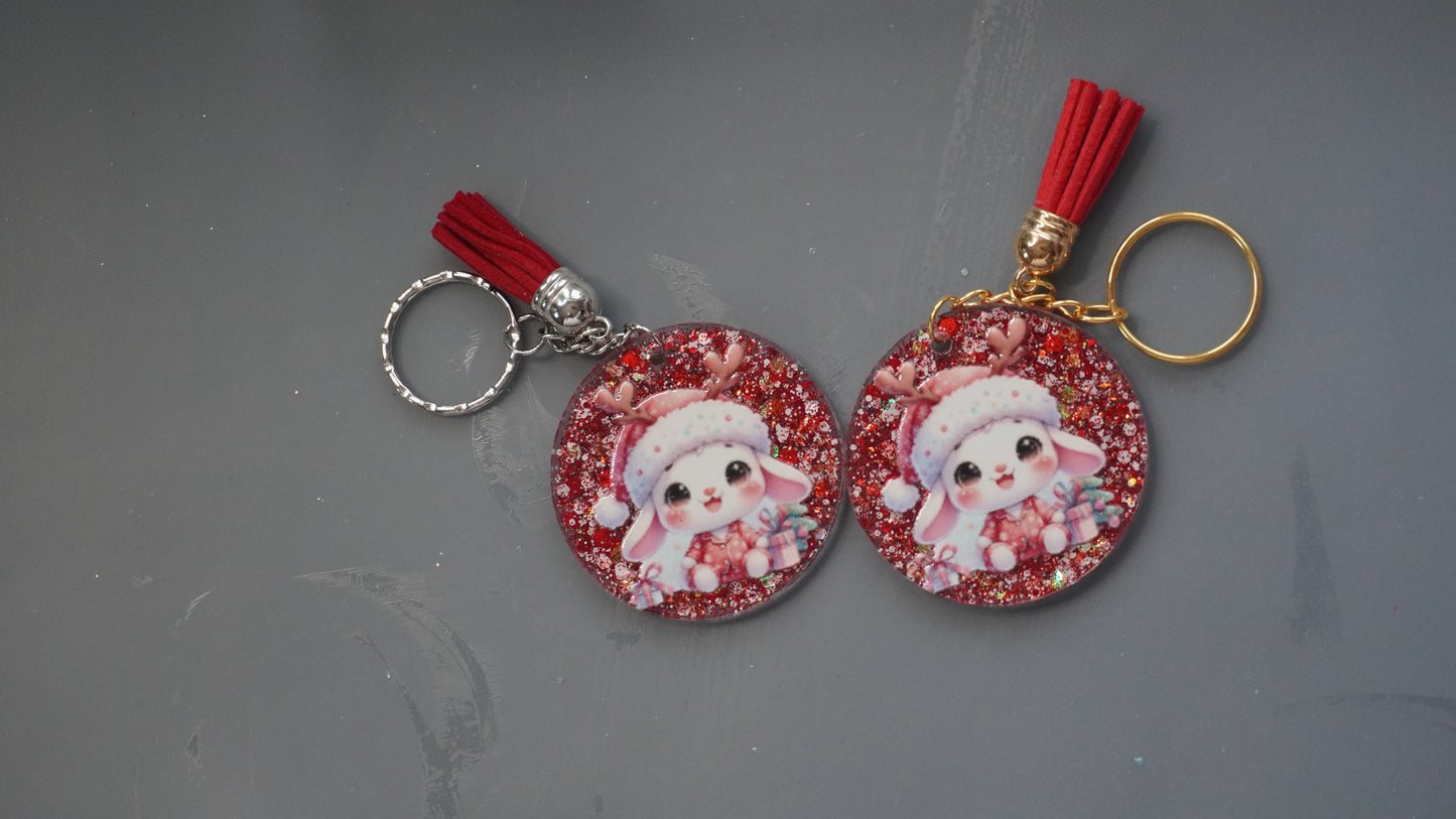 Holiday Bunny Resin Keychains – Christmas Glitter Edition