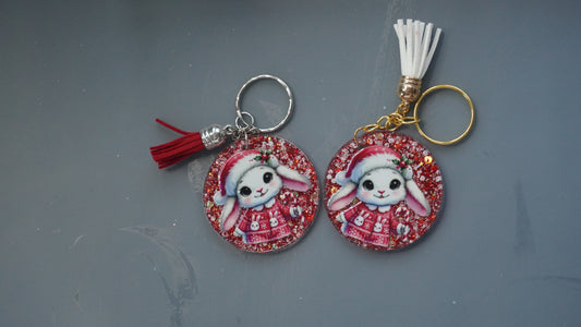Holiday Bunny Resin Keychains – Christmas Glitter Edition