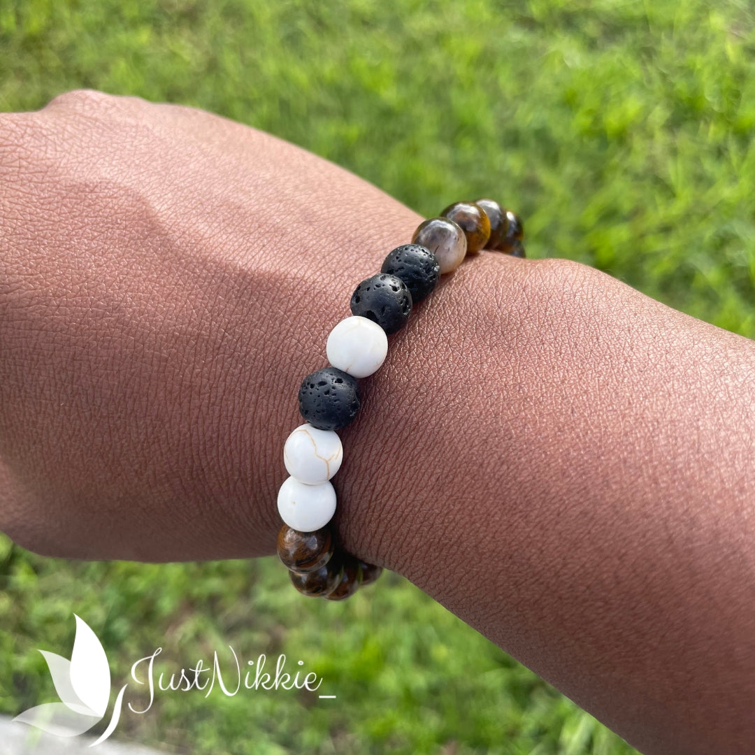 Earthy Elegance Bracelet | Tiger Eye, Lava Stone, and Howlite Beaded Bracelet