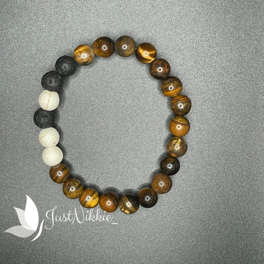 Earthy Elegance Bracelet | Tiger Eye, Lava Stone, and Howlite Beaded Bracelet