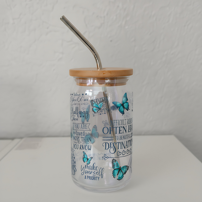 Inspirational Butterfly Wrap 16oz Glass Cup with Bamboo Lid &amp; Straw