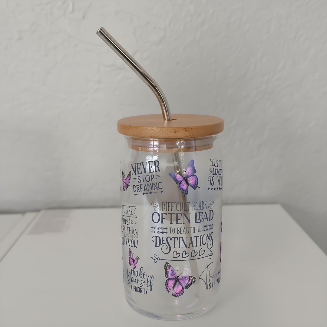 Inspirational Butterfly Wrap 16oz Glass Cup with Bamboo Lid &amp; Straw