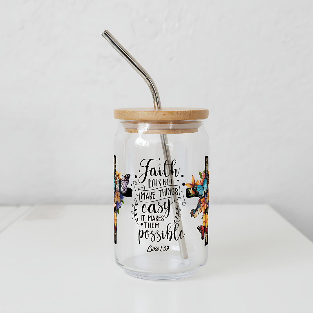 Faith Butterfly 16oz Glass Can Cup – Inspirational Floral