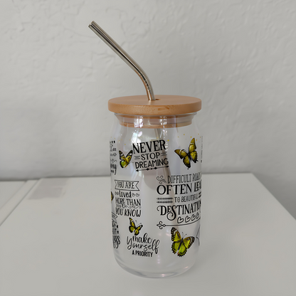 Inspirational Butterfly Wrap 16oz Glass Cup with Bamboo Lid &amp; Straw
