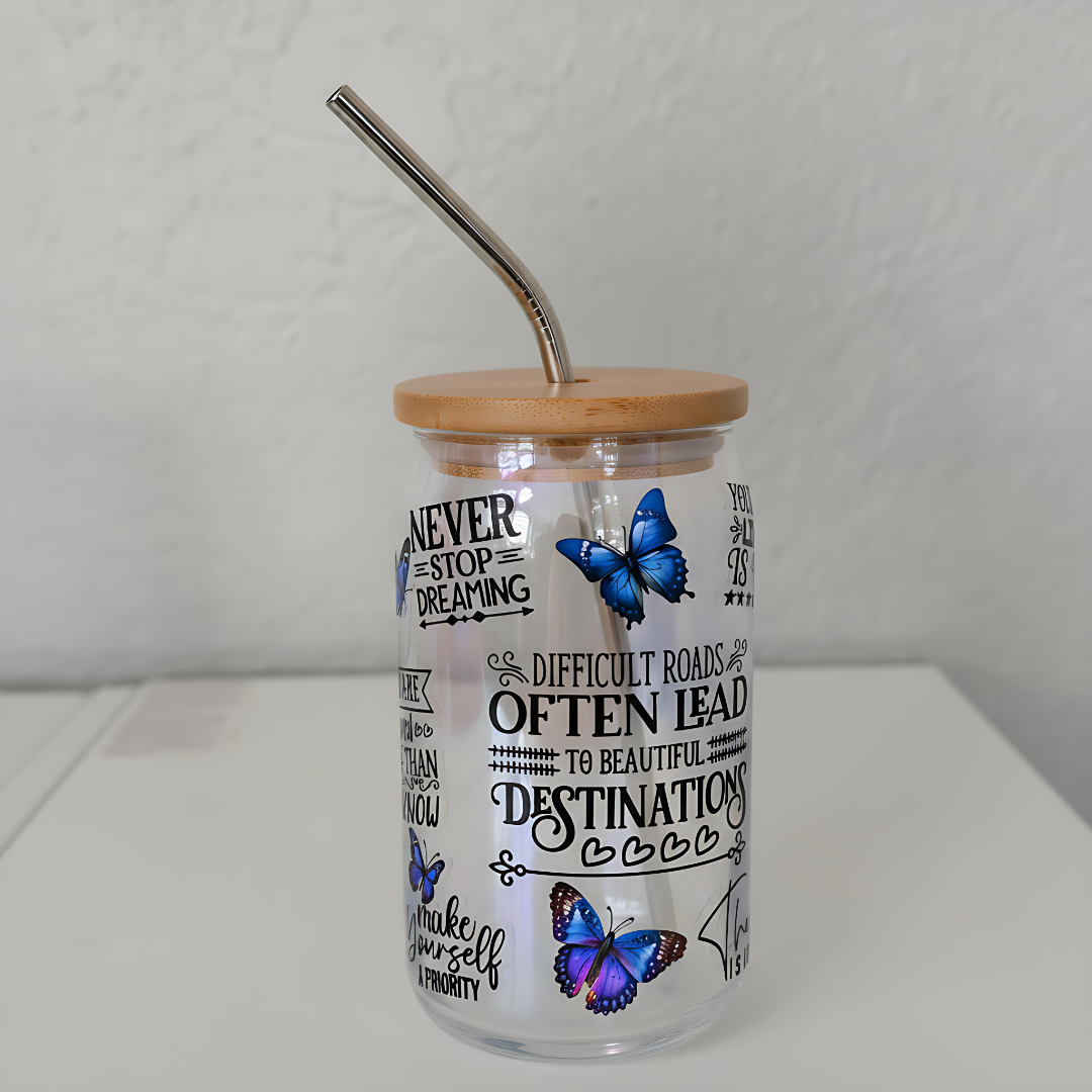 Inspirational Butterfly Wrap 16oz Glass Cup with Bamboo Lid &amp; Straw
