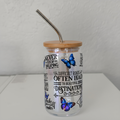 Inspirational Butterfly Wrap 16oz Glass Cup with Bamboo Lid &amp; Straw