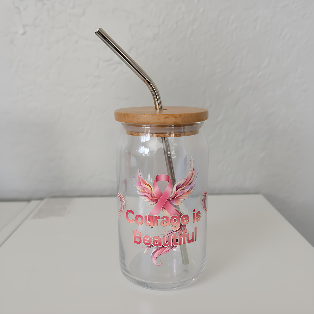 Courage Is Beautiful – 16oz Glass Cup with Bamboo Lid &amp; Straw