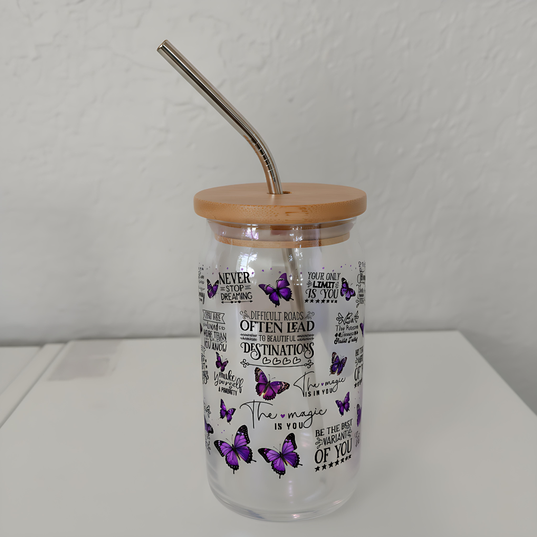 Inspirational Butterfly Wrap 16oz Glass Cup with Bamboo Lid &amp; Straw