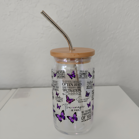 Inspirational Butterfly Wrap 16oz Glass Cup with Bamboo Lid &amp; Straw