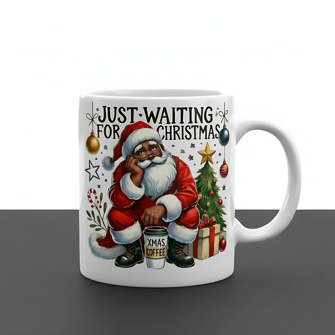 Just Waiting for Christmas” Holiday Mug – Santa Coffee Design