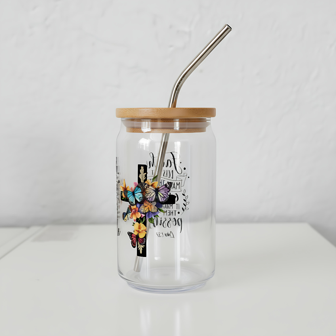 Faith Butterfly 16oz Glass Can Cup – Inspirational Floral