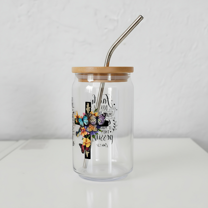 Faith Butterfly 16oz Glass Can Cup – Inspirational Floral