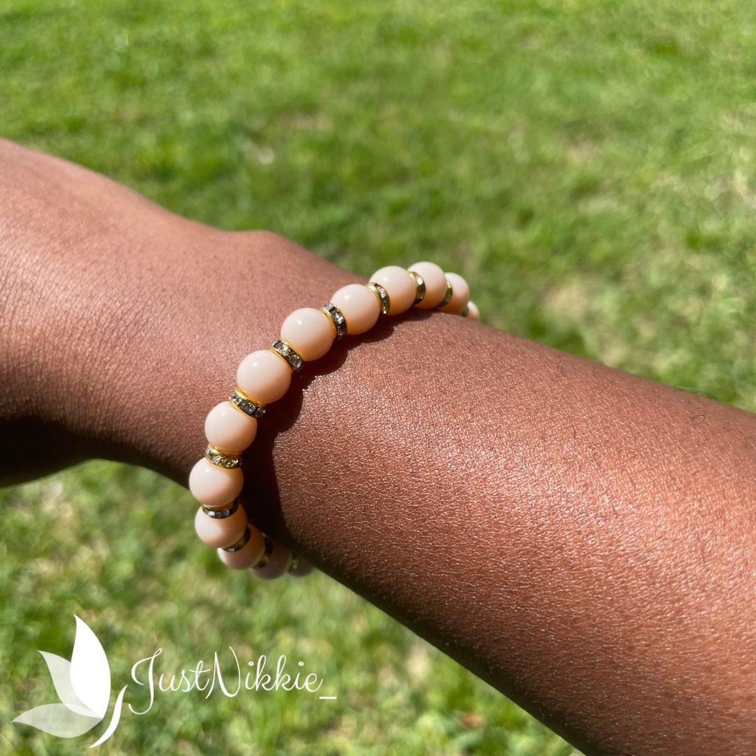 Pink Haze Bracelet | Soft Pink Beaded Bracelet with Gold Rhinestone Spacers