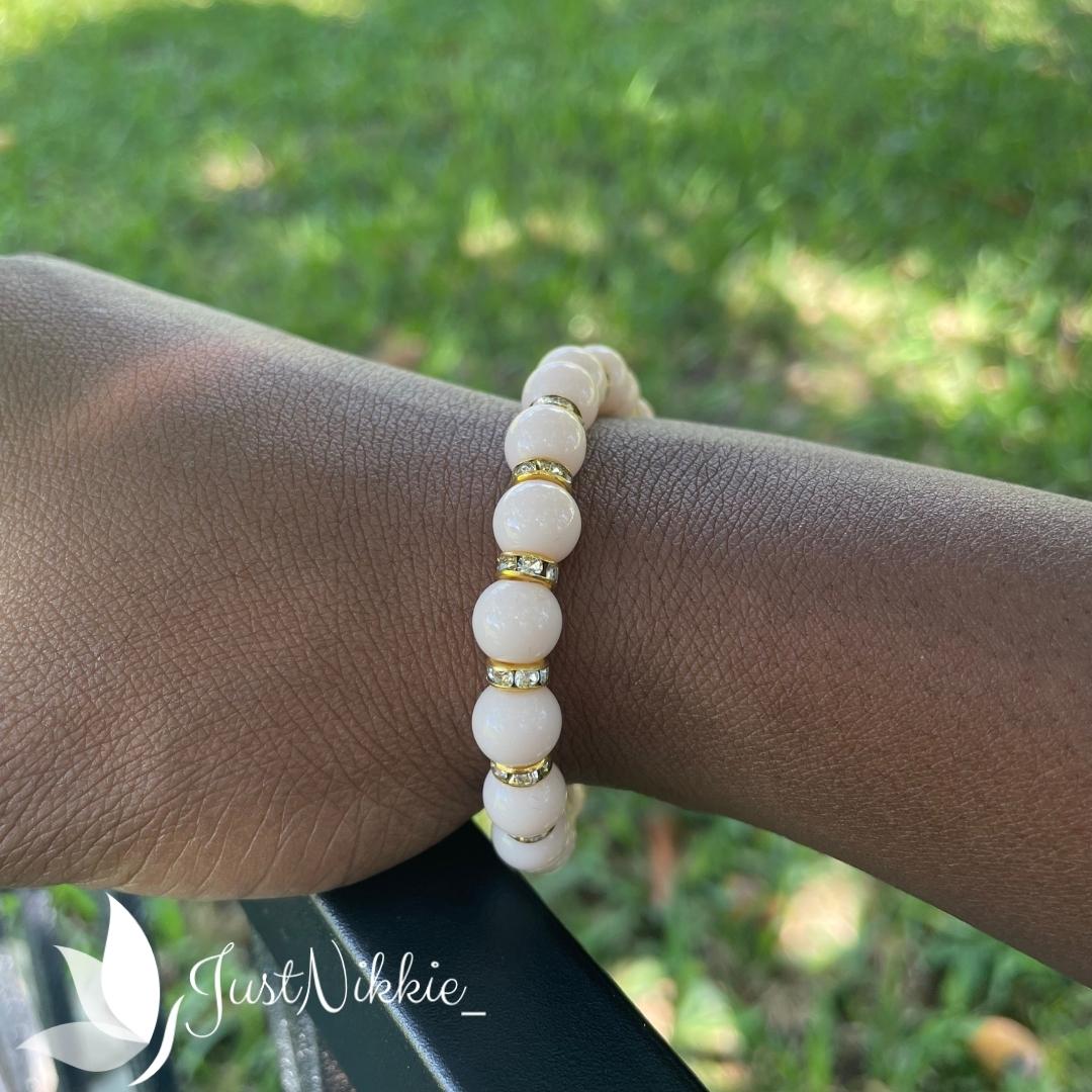 Pink Haze Bracelet | Soft Pink Beaded Bracelet with Gold Rhinestone Spacers