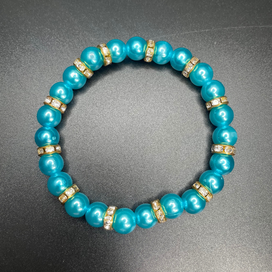 Sapphire Glimmer Bracelet | Blue Pearl Beaded Stretch Bracelet with Gold Rhinestone Accents