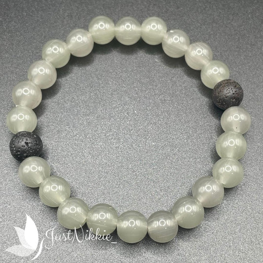 Shadowplay Bracelet | White Cat's Eye and Lava Stone Beaded Bracelet